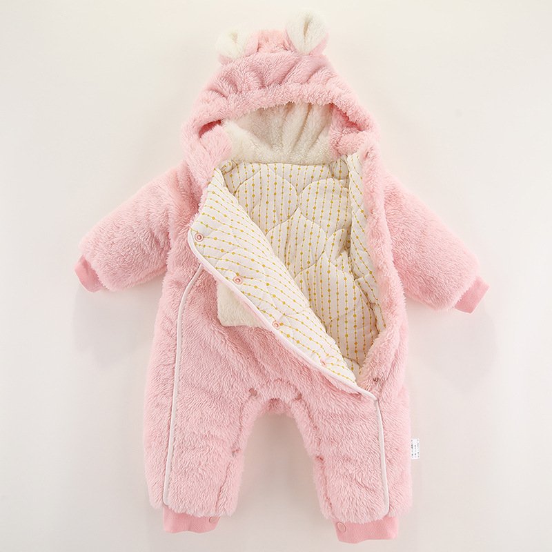 3-24m Simple Unisex Newborn Babies Clothes Hooded Button Baby Rompers Wholesale Cute Rabbit Baby Girls Winter Pajamas