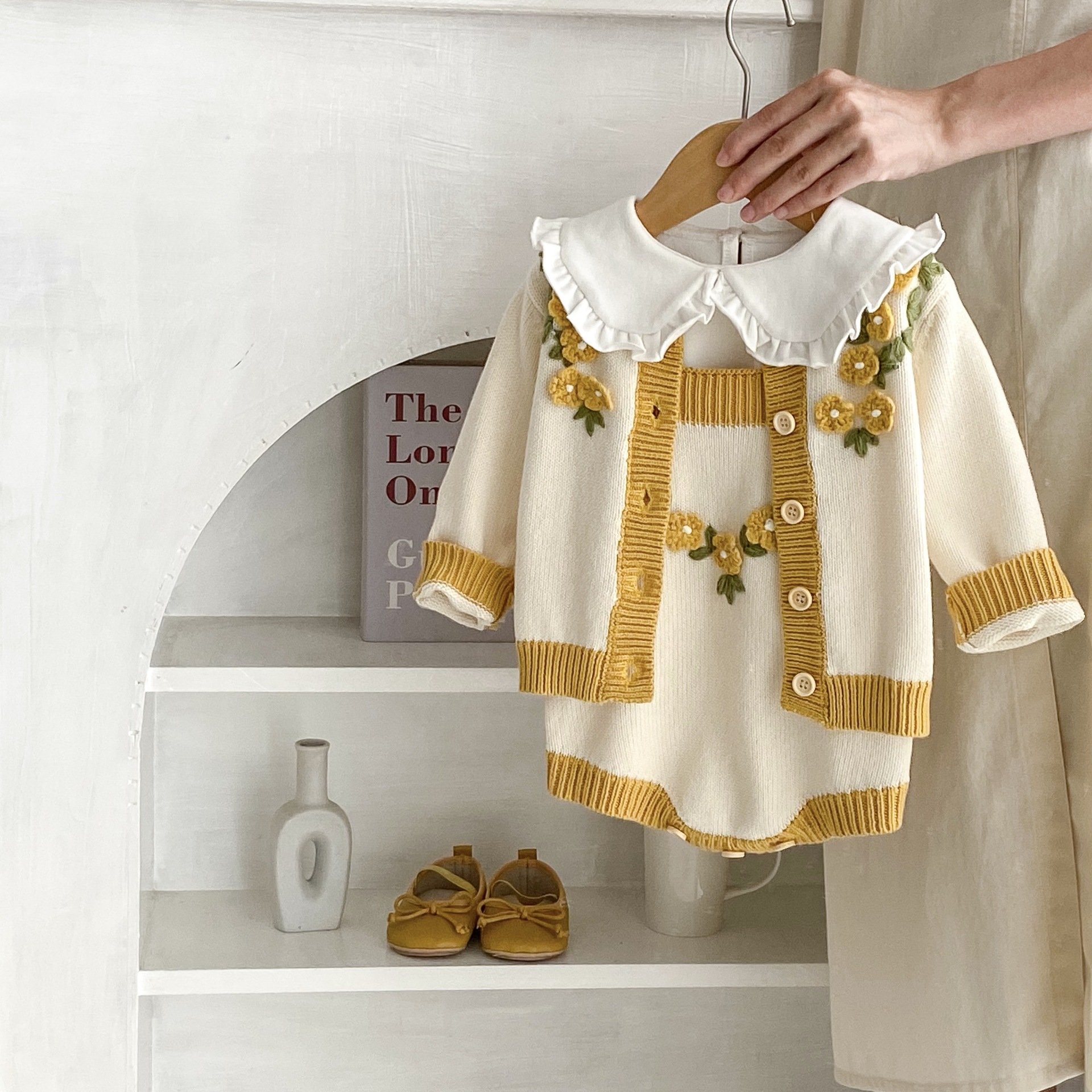 Engepapa fall newborn knit romper infant crochet knit jacket baby knitted embroidered clothing set