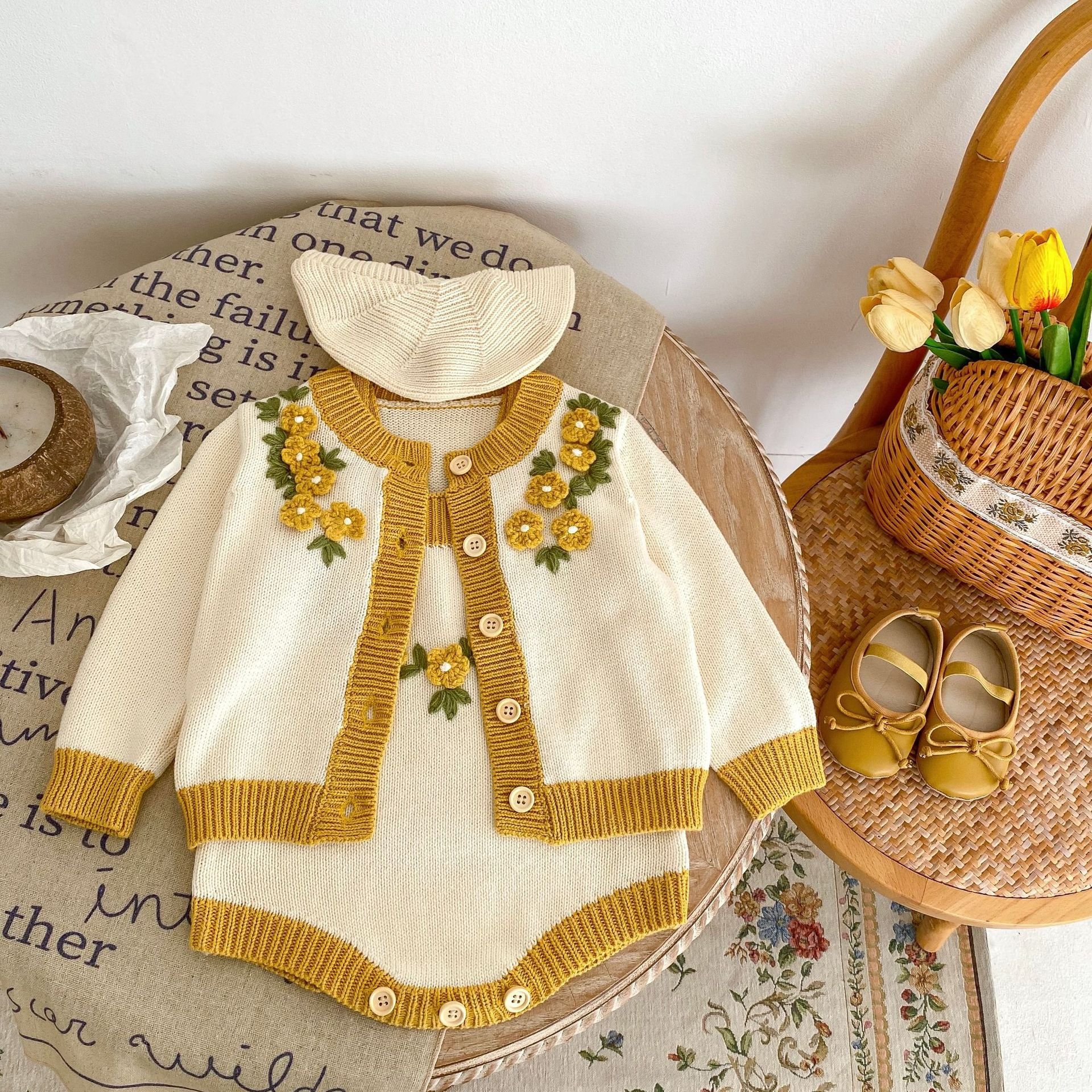 Engepapa fall newborn knit romper infant crochet knit jacket baby knitted embroidered clothing set