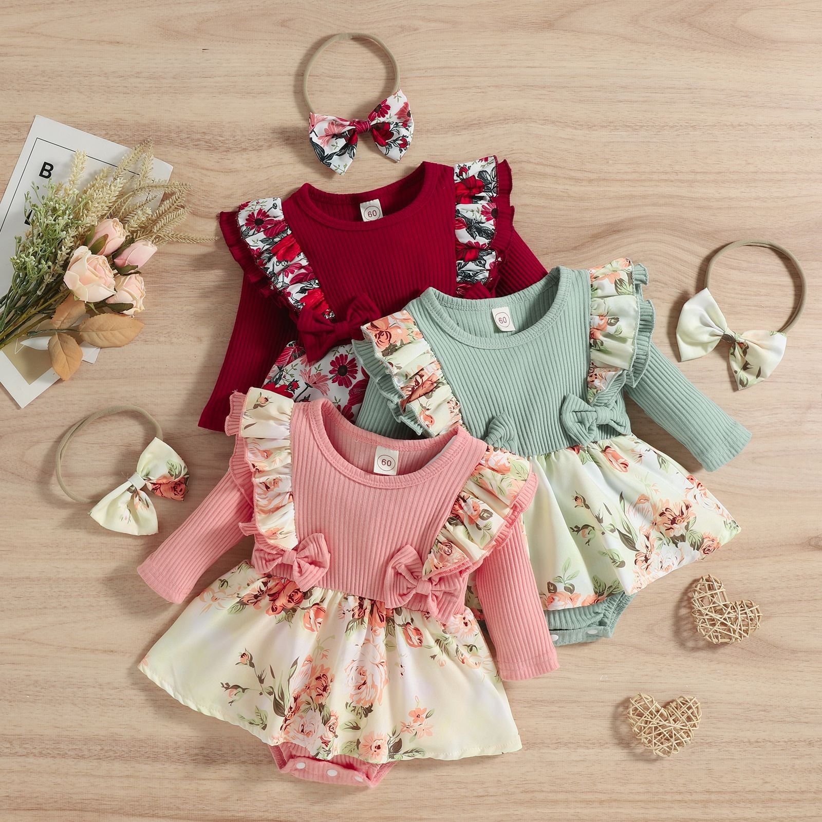 Direct Selling Baby Girl Romper Dress Lace Floral Long Sleeve Baby Clothes Rompers Casual Wear Decoration Cotton 1 Set /opp Bag