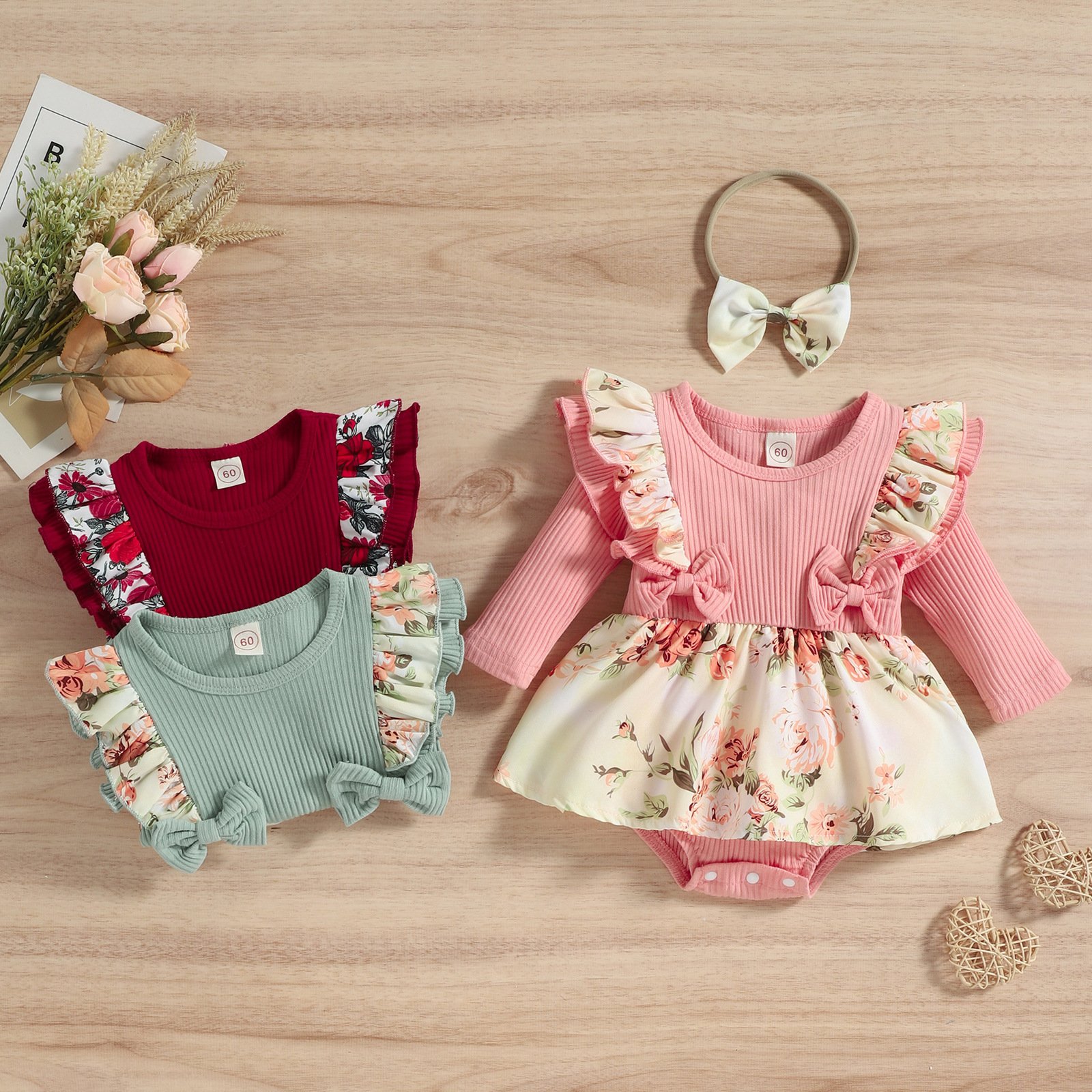 Direct Selling Baby Girl Romper Dress Lace Floral Long Sleeve Baby Clothes Rompers Casual Wear Decoration Cotton 1 Set /opp Bag