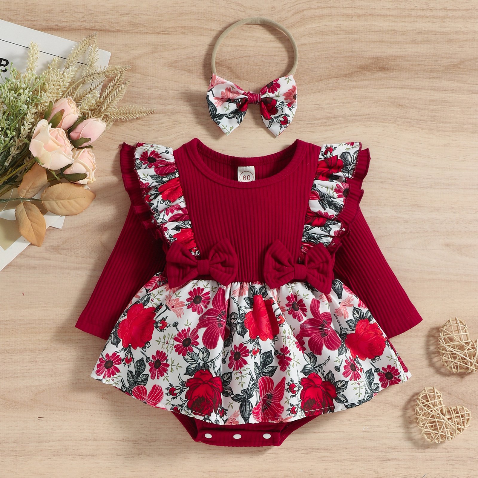 Direct Selling Baby Girl Romper Dress Lace Floral Long Sleeve Baby Clothes Rompers Casual Wear Decoration Cotton 1 Set /opp Bag
