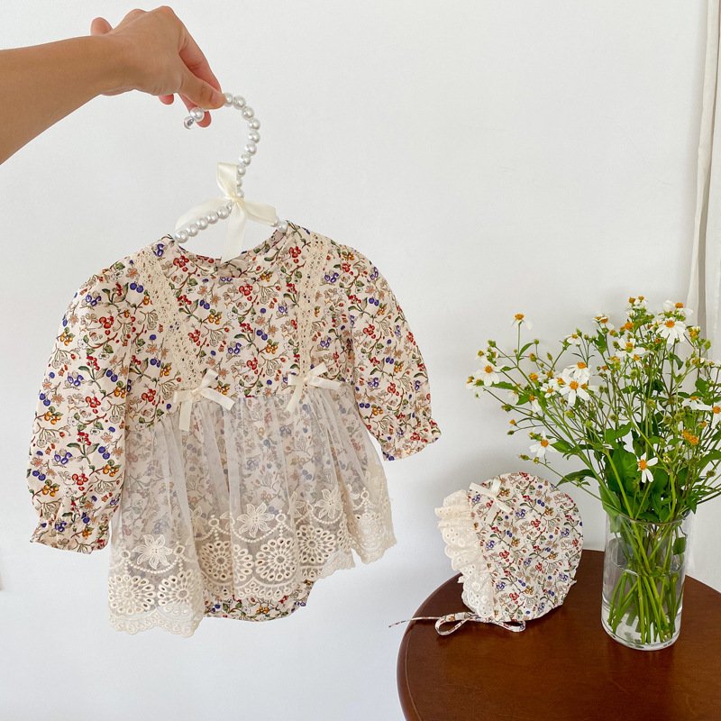 Wholesale 2024 Fall Baby Clothing Fashion Lace Cutout Lace Floral Long Sleeve Cotton Baby Rompers