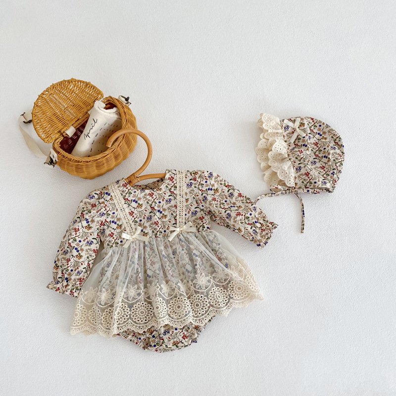 Wholesale 2024 Fall Baby Clothing Fashion Lace Cutout Lace Floral Long Sleeve Cotton Baby Rompers