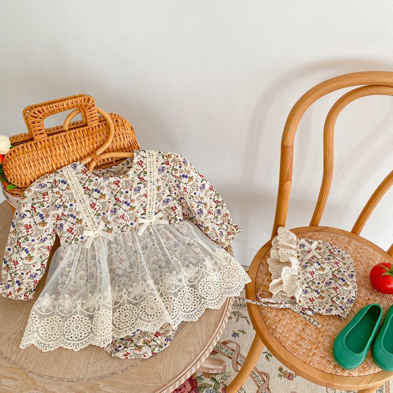 Wholesale 2024 Fall Baby Clothing Fashion Lace Cutout Lace Floral Long Sleeve Cotton Baby Rompers