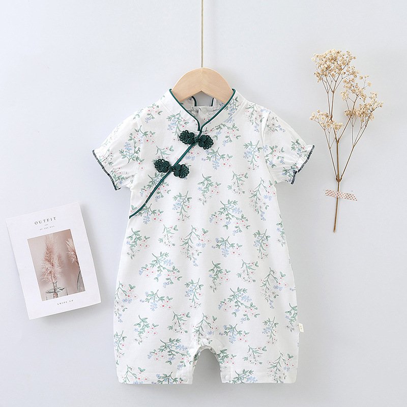 Summer Baby Bodysuit Newborn Short Sleeve Triangle Wrapped Fart Romper Cheongsam Chinoiserie Style
