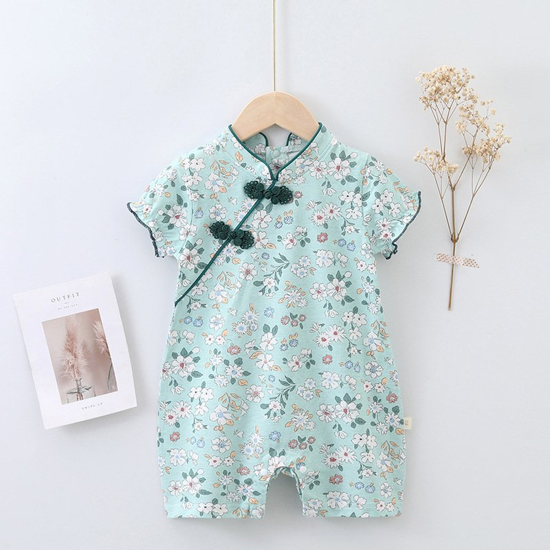 Summer Baby Bodysuit Newborn Short Sleeve Triangle Wrapped Fart Romper Cheongsam Chinoiserie Style