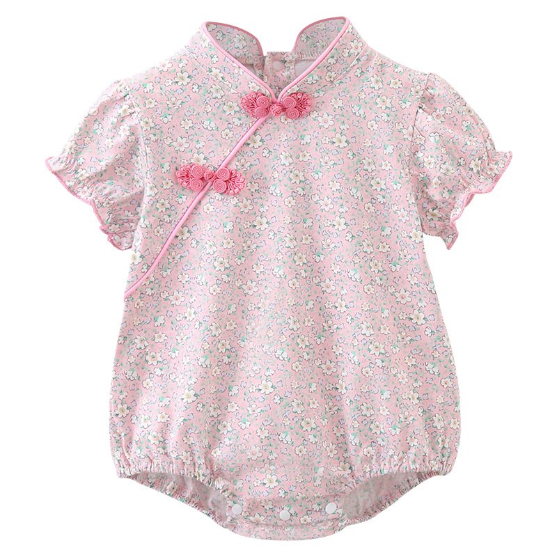 Summer Baby Bodysuit Newborn Short Sleeve Triangle Wrapped Fart Romper Cheongsam Chinoiserie Style