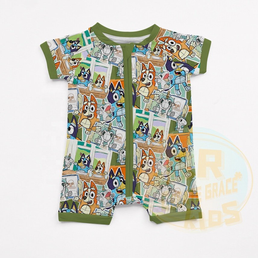 Wholesale Summer Fashion Infant Kids Clothing Print Cartoon Short Sleeve Pajamas Sleepsuit Jumpsuit Onesie Zipper Baby Rompers