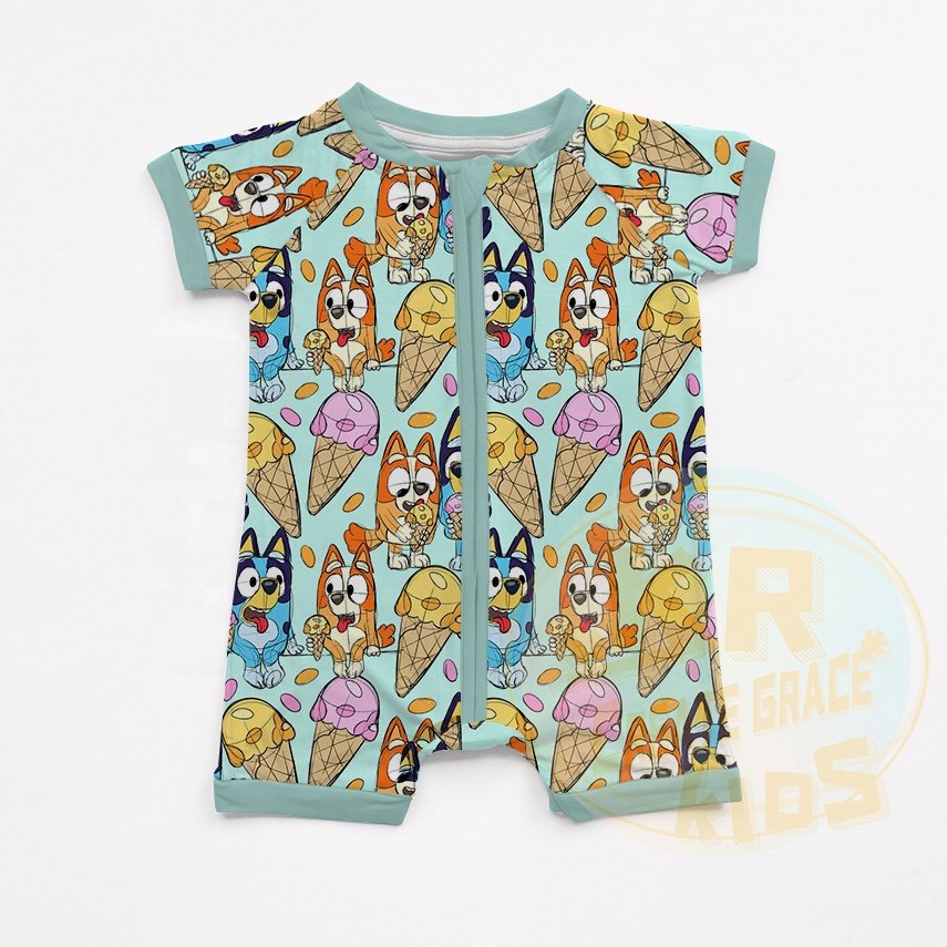 Wholesale Summer Fashion Infant Kids Clothing Print Cartoon Short Sleeve Pajamas Sleepsuit Jumpsuit Onesie Zipper Baby Rompers