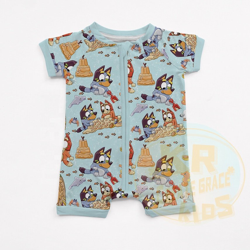 Wholesale Summer Fashion Infant Kids Clothing Print Cartoon Short Sleeve Pajamas Sleepsuit Jumpsuit Onesie Zipper Baby Rompers