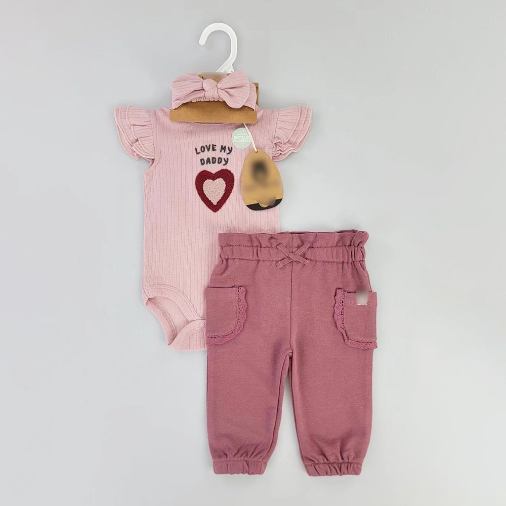 Wholesale Summer Short Sleeved Newborn Baby 0-9m Cotton Clothes 3pcs Set Infant Rompers +Pants+Toddler Headband Baby Girl Onesie