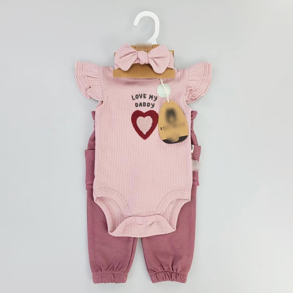 Wholesale Summer Short Sleeved Newborn Baby 0-9m Cotton Clothes 3pcs Set Infant Rompers +Pants+Toddler Headband Baby Girl Onesie