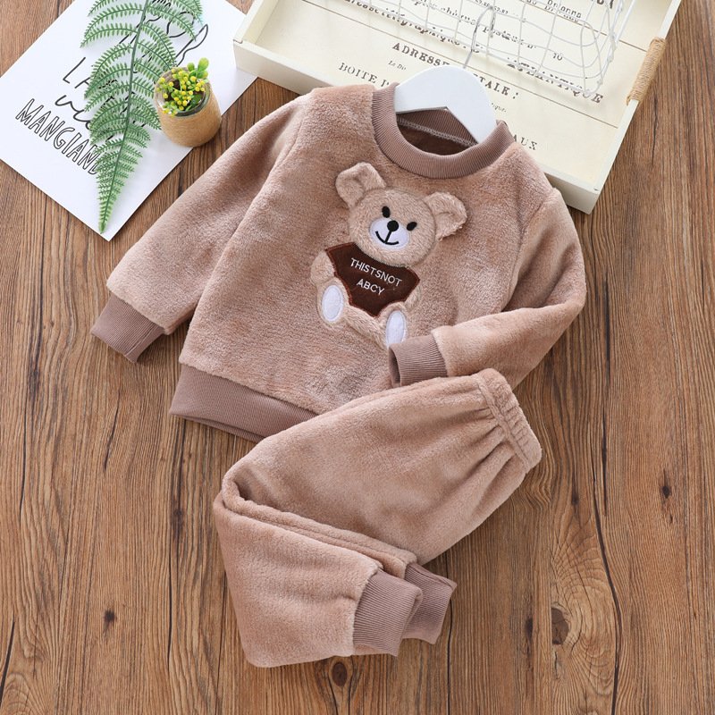 Boys And Girls Coral Velvet Pajamas Children's Home Wear Autumn And Winter Plush Baby Flannel Warmth Two-piece Set