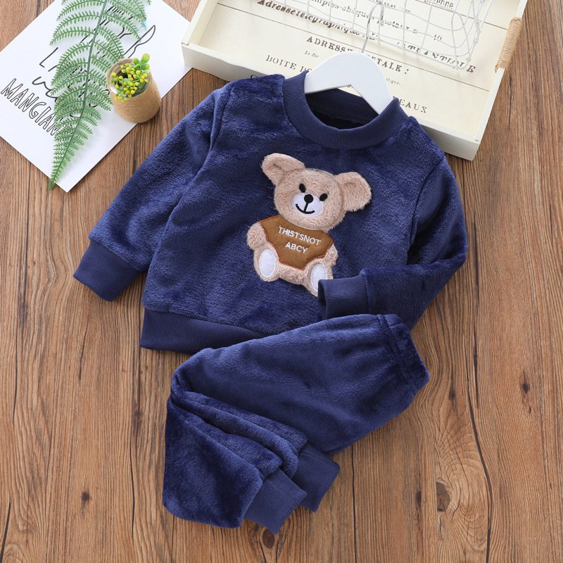 Boys And Girls Coral Velvet Pajamas Children's Home Wear Autumn And Winter Plush Baby Flannel Warmth Two-piece Set