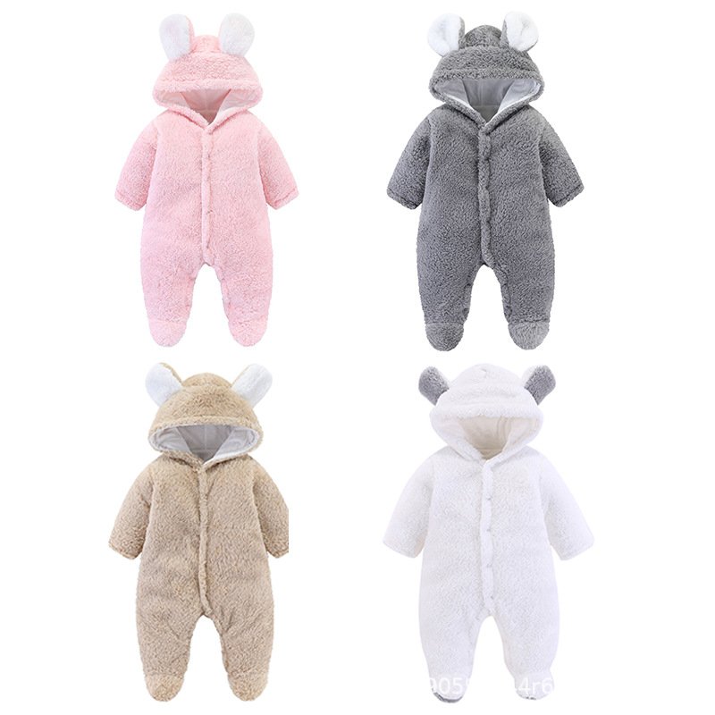 Wholesale Newborn Baby Jumpsuit Cover Feeted Velveteen Cotton Plain Long Sleeve Cute Hoodie Baby Romper Baby Onesie