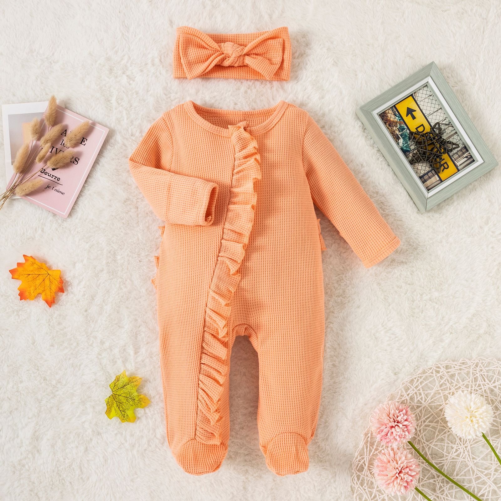 Children's clothes baby romper fall long-sleeved Jumpsuits Zipper lace candy color Waffle check foot crawling one-pieces