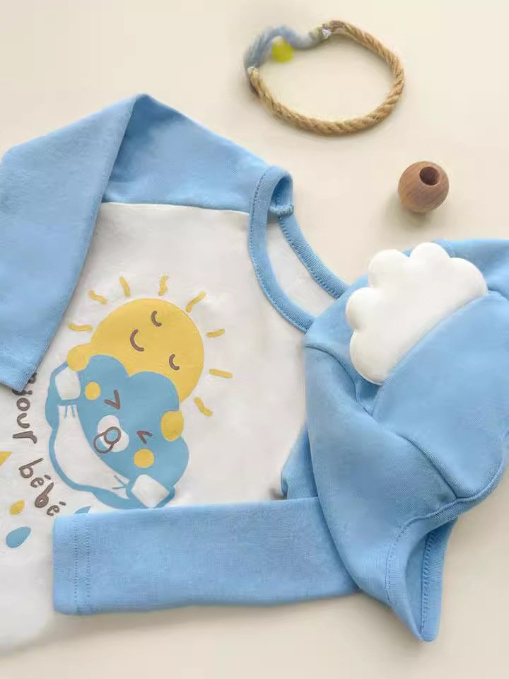 Bonjour Baby Spring Sky Blue Korean Cartoon Printing Boys Bodysuit Newborn Cotton Toddler Home Baby Clothes Baby Rompers