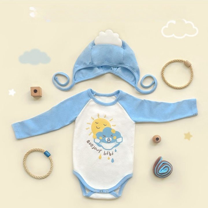 Bonjour Baby Spring Sky Blue Korean Cartoon Printing Boys Bodysuit Newborn Cotton Toddler Home Baby Clothes Baby Rompers