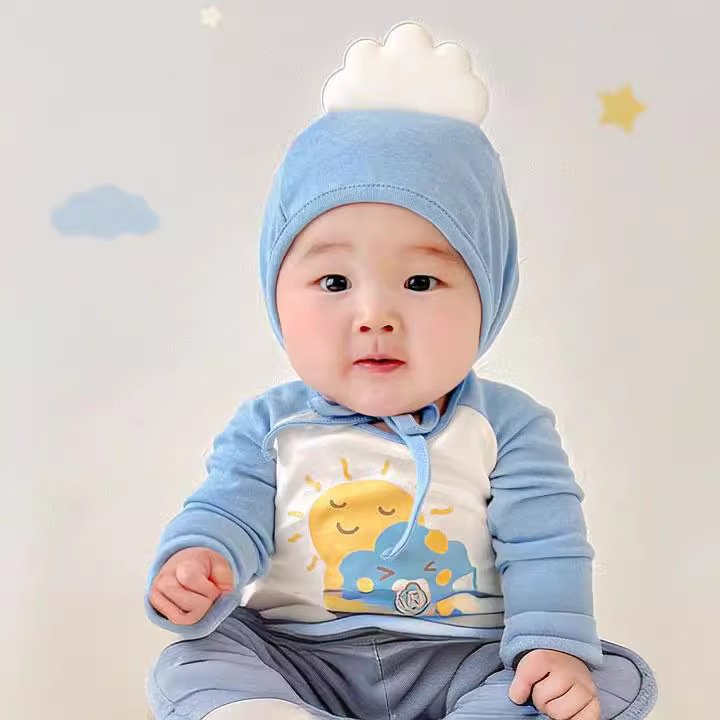 Bonjour Baby Spring Sky Blue Korean Cartoon Printing Boys Bodysuit Newborn Cotton Toddler Home Baby Clothes Baby Rompers