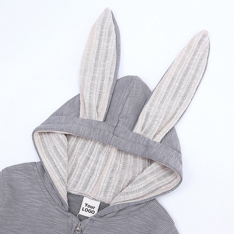 Fashionable Winter Long-Sleeved Baby Rompers with Cute Rabbit Ears Hooded Onesies for Newborns Zipper Closure