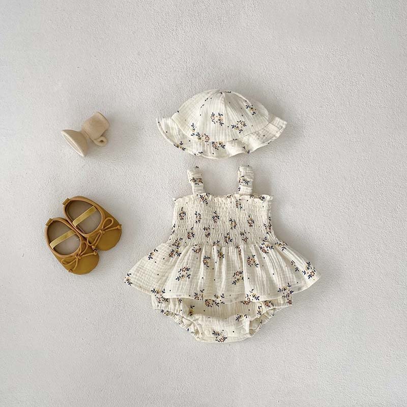Good Quality Summer Soft Cotton Sleeveless Baby Girls Romper Clothes Square Neck Floral Dress Including Hats Baby Romper