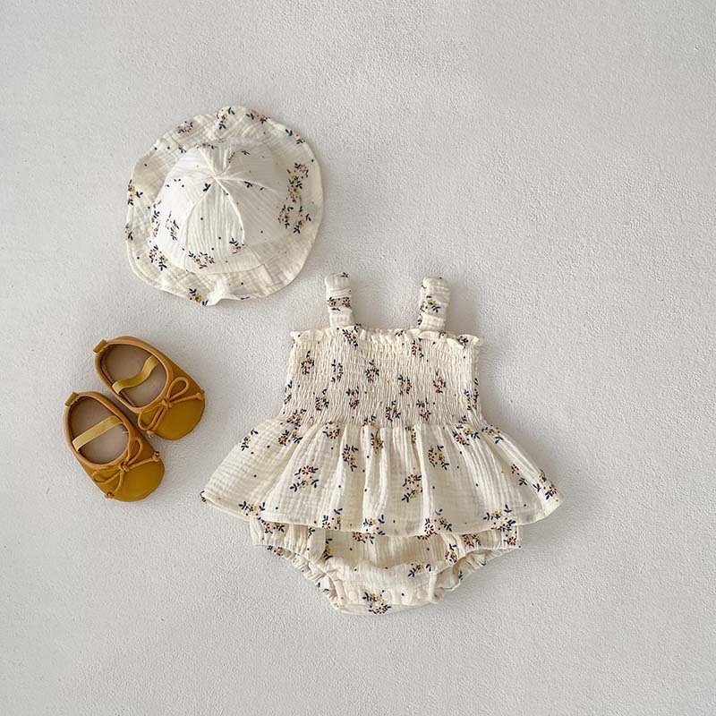 Good Quality Summer Soft Cotton Sleeveless Baby Girls Romper Clothes Square Neck Floral Dress Including Hats Baby Romper