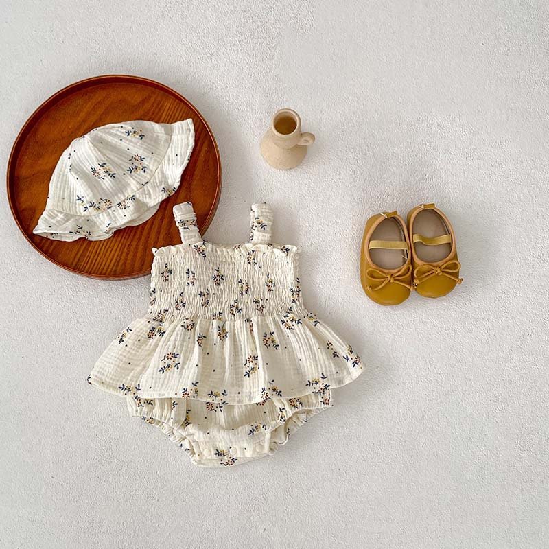 Good Quality Summer Soft Cotton Sleeveless Baby Girls Romper Clothes Square Neck Floral Dress Including Hats Baby Romper