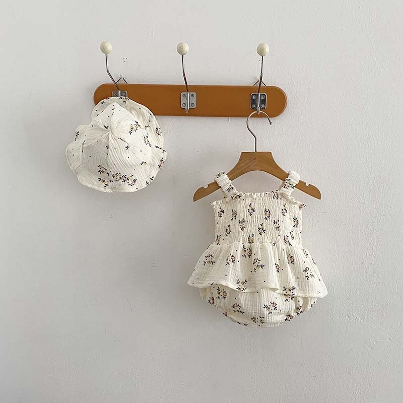 Good Quality Summer Soft Cotton Sleeveless Baby Girls Romper Clothes Square Neck Floral Dress Including Hats Baby Romper
