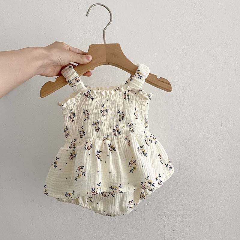 Good Quality Summer Soft Cotton Sleeveless Baby Girls Romper Clothes Square Neck Floral Dress Including Hats Baby Romper