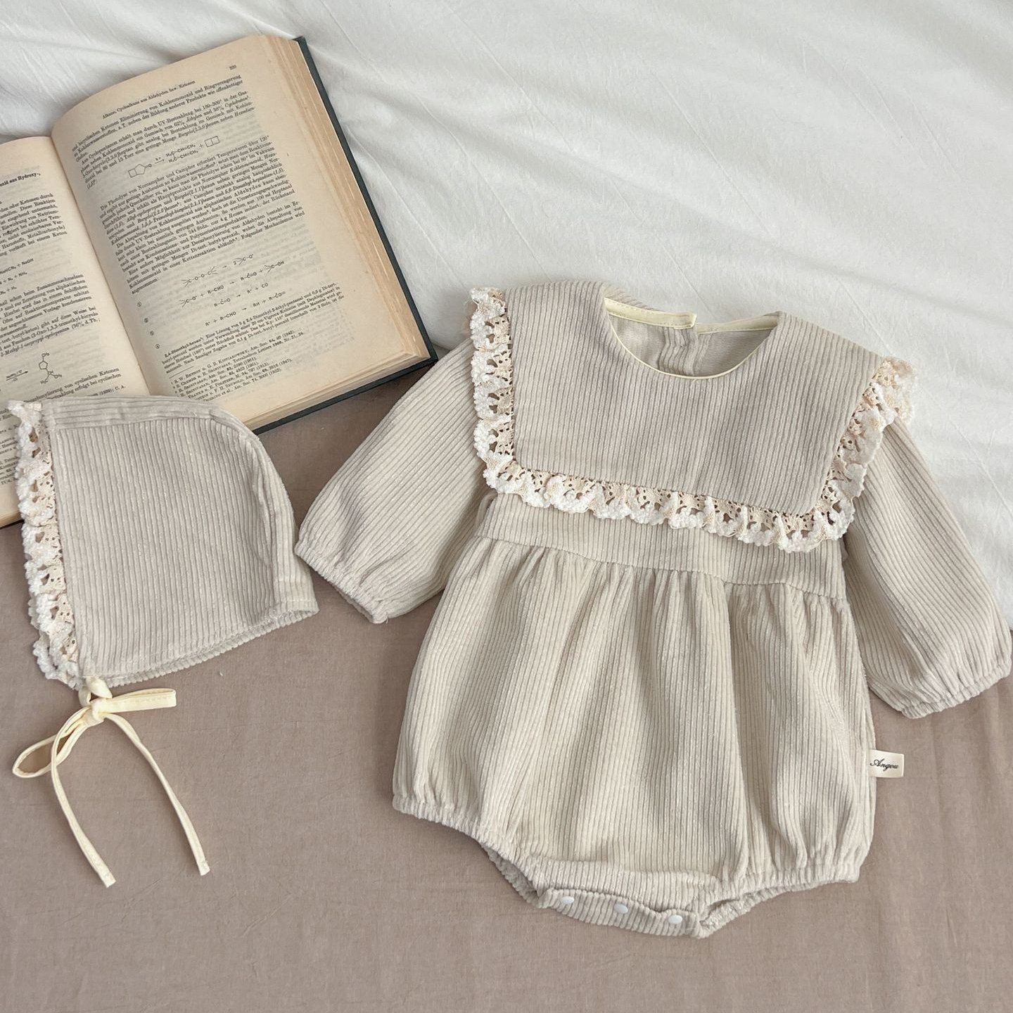 Spring 2024 Baby Cotton Clothing Girls Corduroy Lapel Lace Jumpsuit Kids Long Sleeve Cute Romper