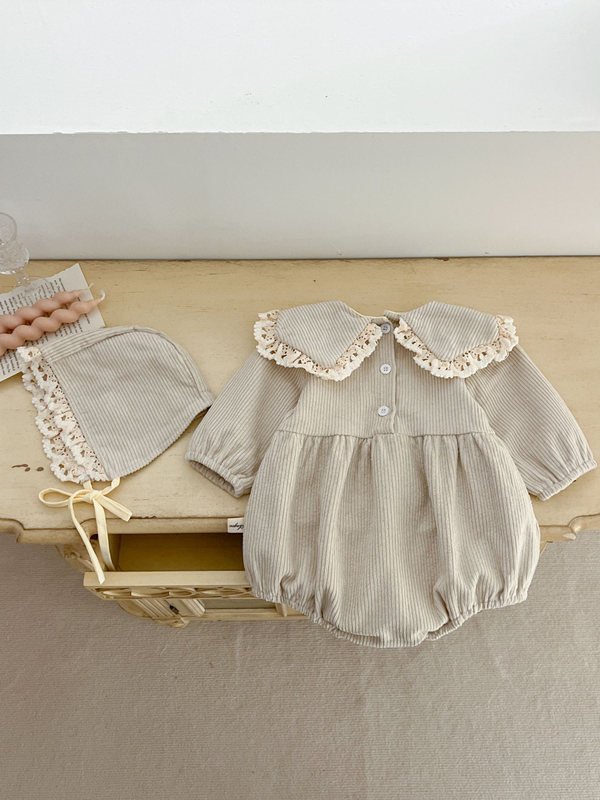 Spring 2024 Baby Cotton Clothing Girls Corduroy Lapel Lace Jumpsuit Kids Long Sleeve Cute Romper