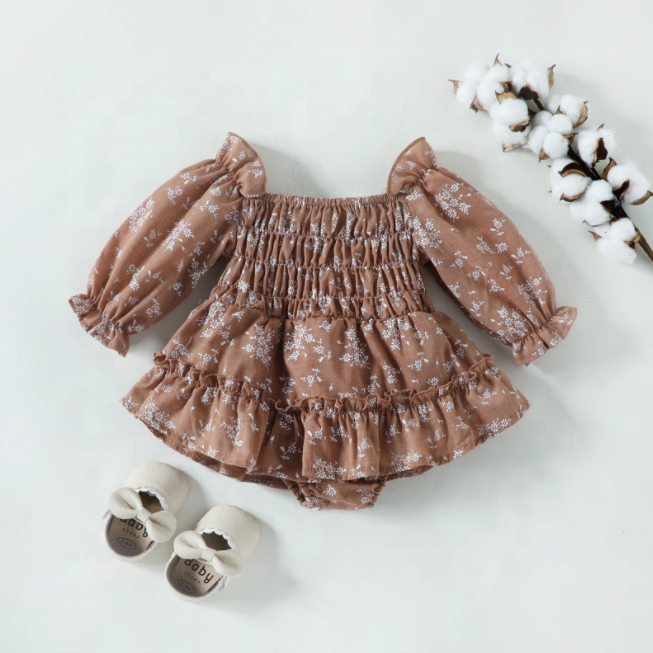 Infant Baby Floral Jumpsuit with Open Shoulder Autumn Long Sleeve Chiffon Romper With Skirts For Girls Baby Rompers
