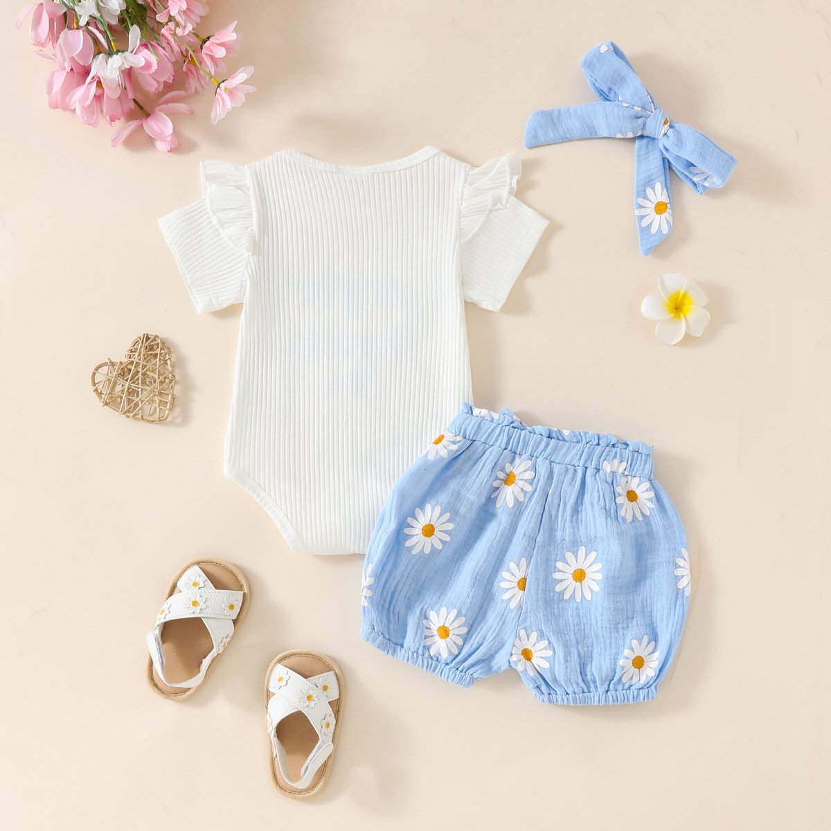 Children's clothing summer girls cute letter print romper + printed shorts 3-piece set in stock