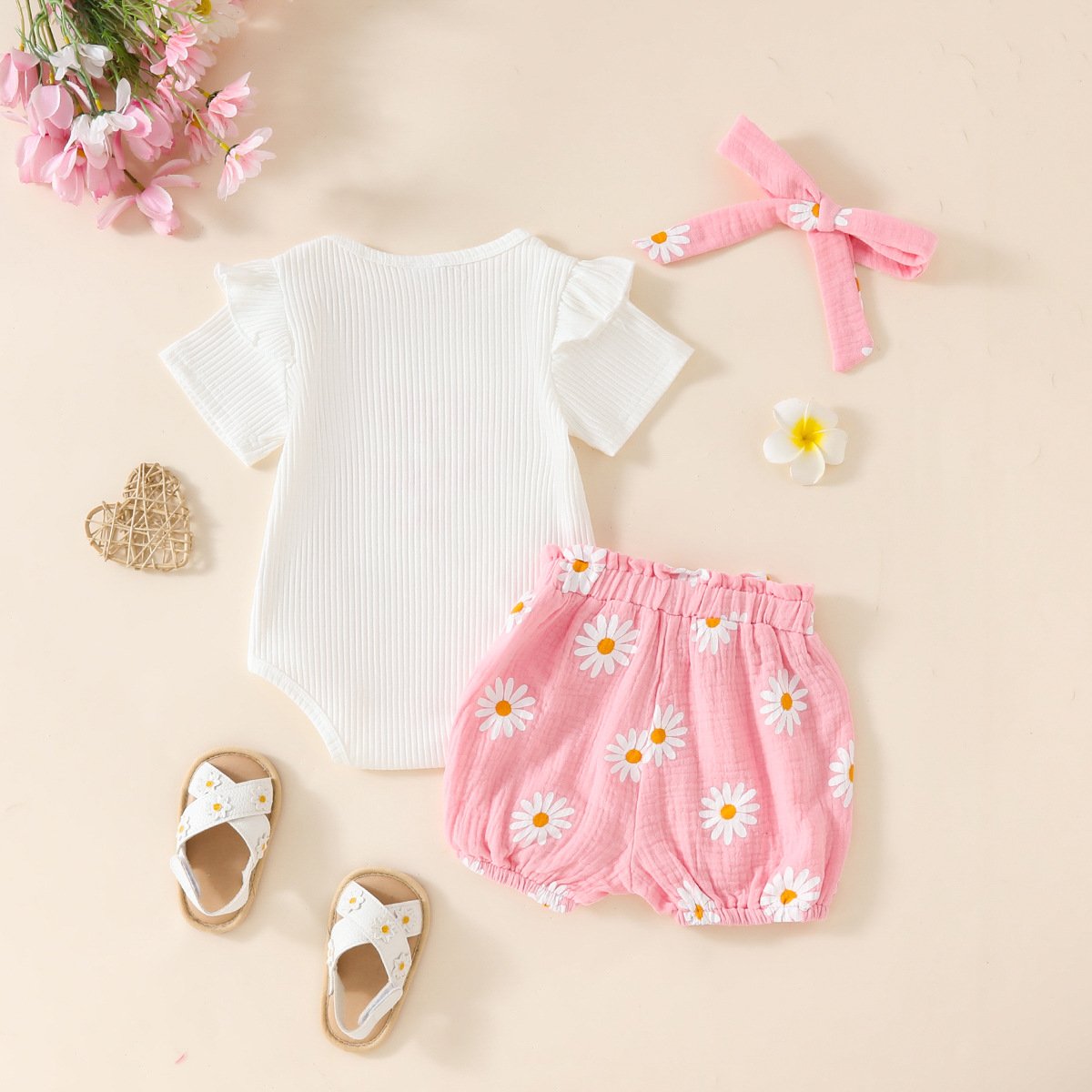 Children's clothing summer girls cute letter print romper + printed shorts 3-piece set in stock