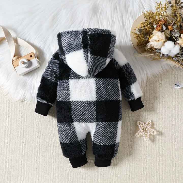 2024 Winter Hot Sales Plaid Plush Baby Crawl Suit Hooded Flannel Warm Coat and Jacket Romper Baby Unisex Zipper Jumpsuit