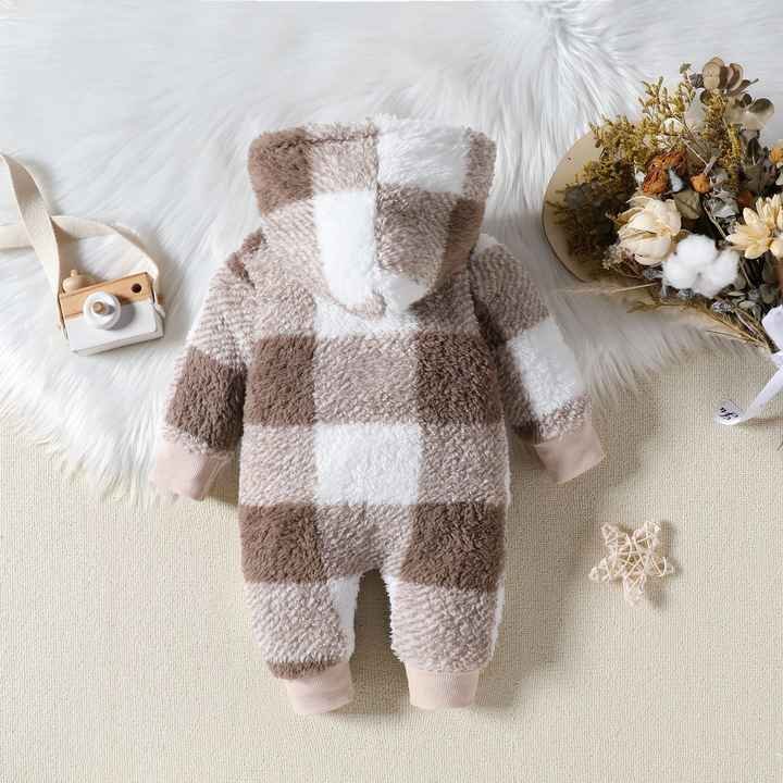 2024 Winter Hot Sales Plaid Plush Baby Crawl Suit Hooded Flannel Warm Coat and Jacket Romper Baby Unisex Zipper Jumpsuit