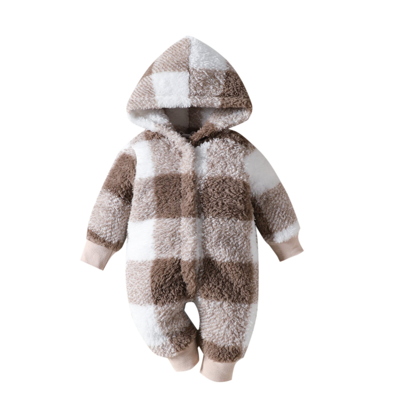 2024 Winter Hot Sales Plaid Plush Baby Crawl Suit Hooded Flannel Warm Coat and Jacket Romper Baby Unisex Zipper Jumpsuit