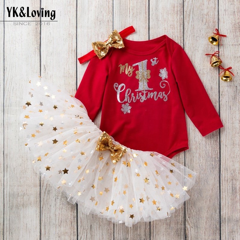 First Christmas NewBorn Baby Girl Clothes Sets Dress Autumn Outfit Clothing Long-Sleeve Jumpsuit Skirt Baby Rompers