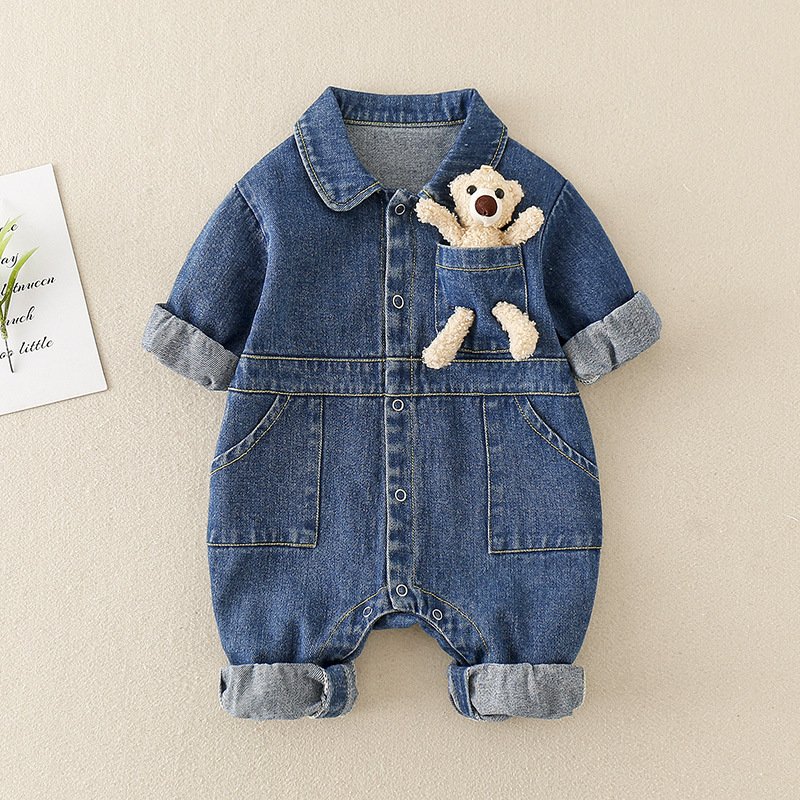 Baby Long Sleeve Jeans Romper Buttons Pockets Autumn Denim Jumpsuit Toddle Clothing