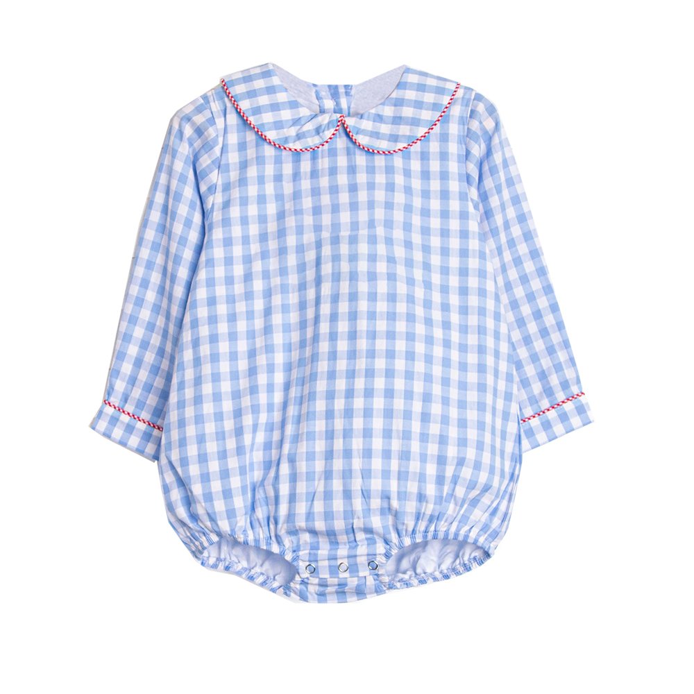 Wholesale light blue gingham peter pan collar baby rompers clothing long sleeve toddler infant baby boy bubble clothes