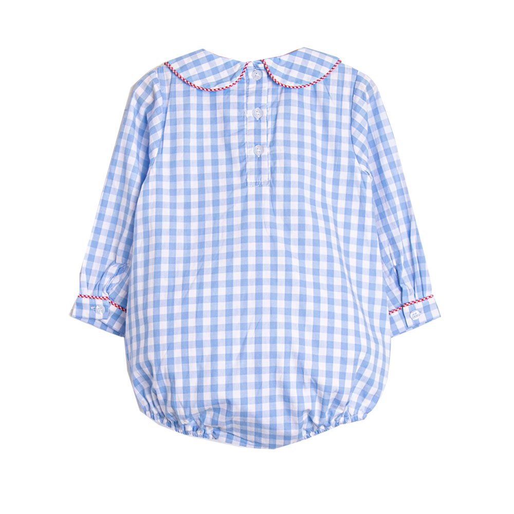 Wholesale light blue gingham peter pan collar baby rompers clothing long sleeve toddler infant baby boy bubble clothes