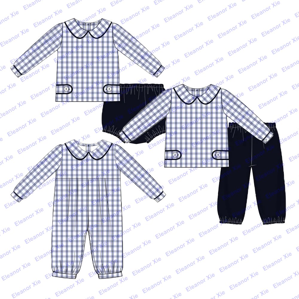 Wholesale light blue gingham peter pan collar baby rompers clothing long sleeve toddler infant baby boy bubble clothes