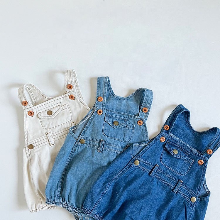 Custom spring and summer sleeveless cute denim overalls for infant jumpsuit baby romper
