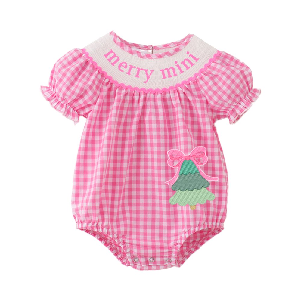 Infant Baby Girls Winter Christmas Pink Plaid Smocked Santa Claus Embroidery Romper Customized Kids Clothes Smocked Clothing