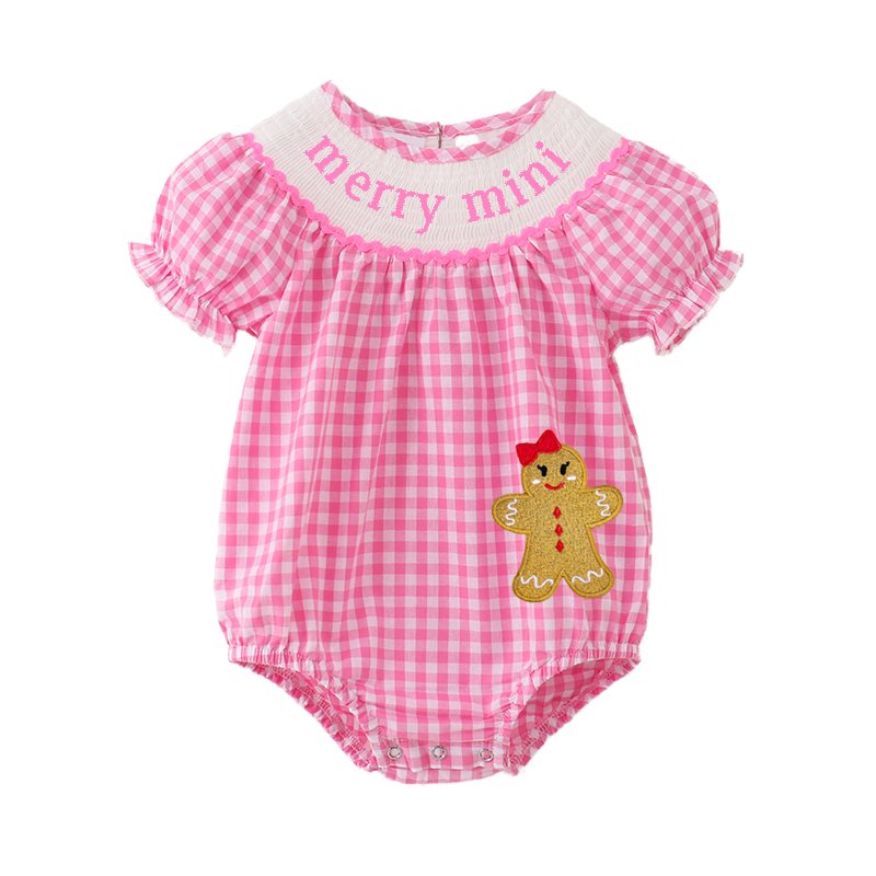 Infant Baby Girls Winter Christmas Pink Plaid Smocked Santa Claus Embroidery Romper Customized Kids Clothes Smocked Clothing
