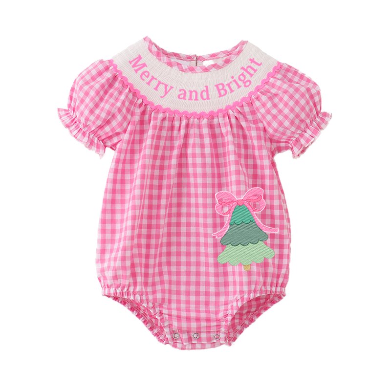 Infant Baby Girls Winter Christmas Pink Plaid Smocked Santa Claus Embroidery Romper Customized Kids Clothes Smocked Clothing