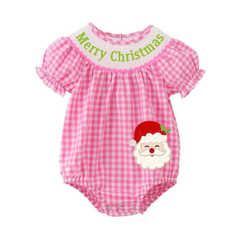 Infant Baby Girls Winter Christmas Pink Plaid Smocked Santa Claus Embroidery Romper Customized Kids Clothes Smocked Clothing