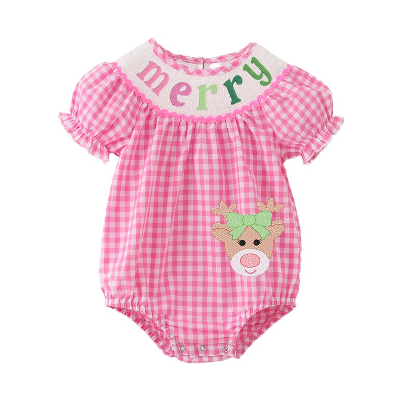 Infant Baby Girls Winter Christmas Pink Plaid Smocked Santa Claus Embroidery Romper Customized Kids Clothes Smocked Clothing