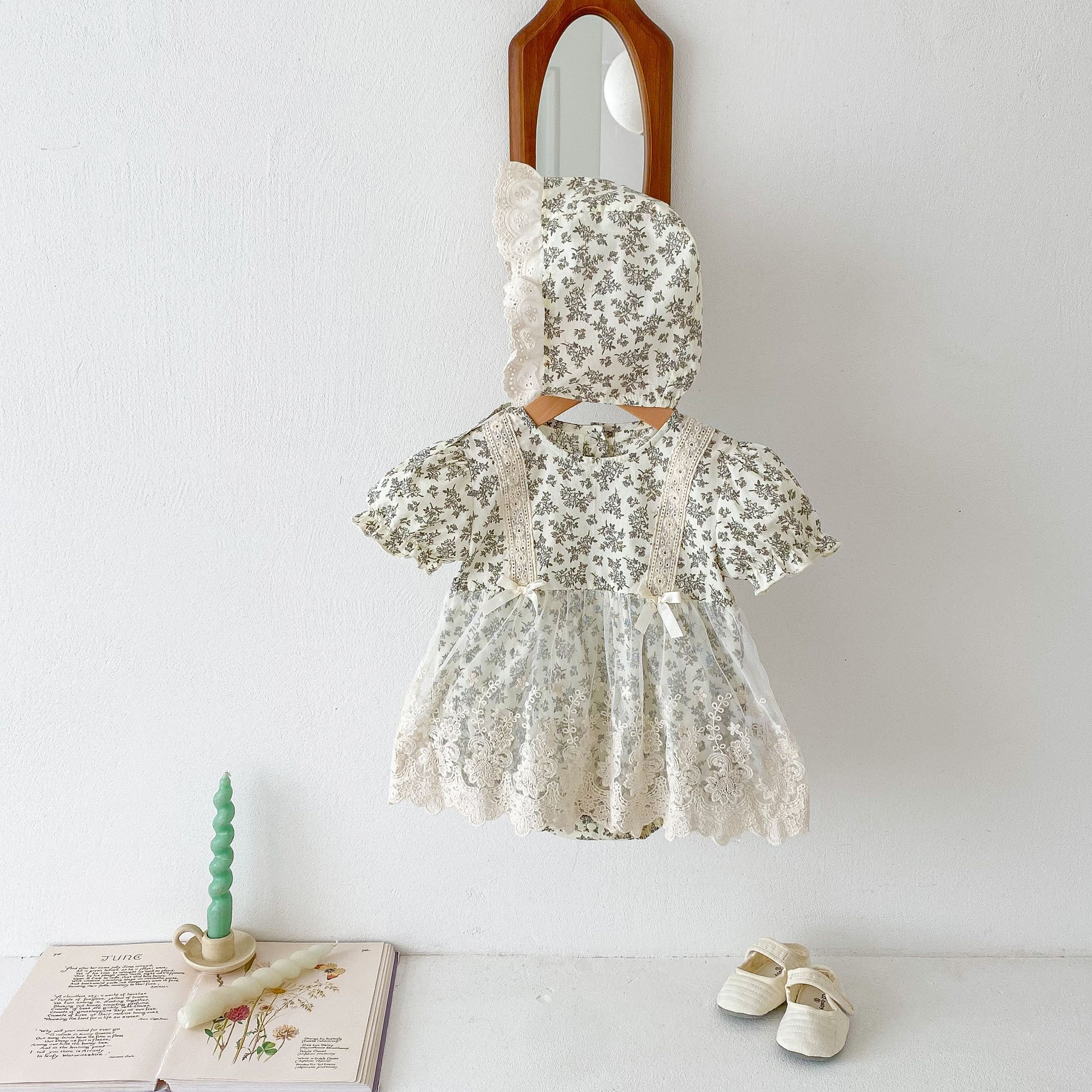 Good Quality Summer Soft Cotton Short Sleeve Lace Baby Girls Romper Clothes RoundNeck Gauze Dress Including Hats Baby Romper
